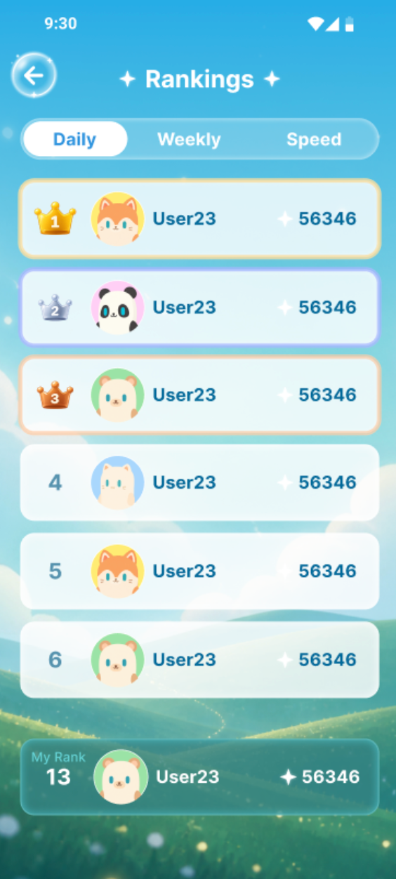 Rankings screen showing the daily leaderboard